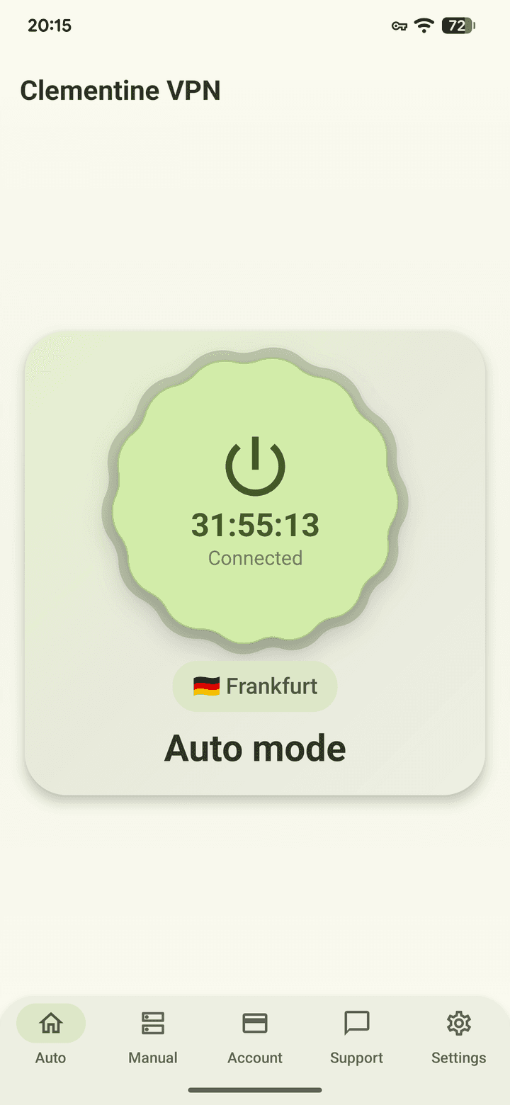 Clementine VPN на Android: авто-режим, время подключения и узел Frankfurt