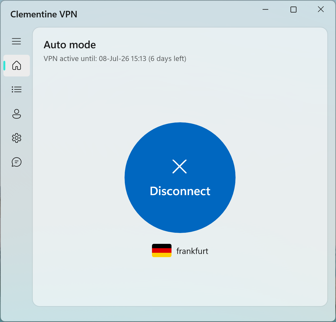 Окно Clementine VPN на Windows: авто-режим, кнопка отключения и текущий узел Frankfurt